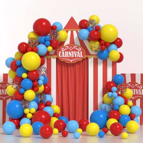 Janinus Colorful Carnival Balloons Arch Yellow Red Blue Circus Balloons Garland Kit 130 PCS Primary Color Latex Balloons Arch Kit for Graduation Rainbow Carnival Birthday Party Decorations