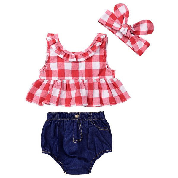 IWOKA Baby Girls Plaid Ruffle Bowknot Tank Top+Denim Shorts Outfit with Headband (80(6-12M), Red)