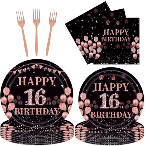 EMrups 96PCS 16th Birthday Party Plates Set Rose Gold Theme Decorations Include Rose Gold Plates and Napkins Forks for 16 Year Old Girls Birthday Party Supplies Serves 24 Guests