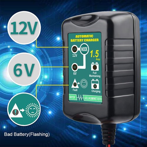 12V/6V Battery Trickle Charger Maintainer Replacement for Motorcycle, 1.5A Automatic Smart Float Battery Charger for Automotive Lawn Mower Boat Marine Tractor Snowmobile