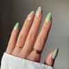 Almond Press on Nails Short Green Fake Nails Acrylic Glossy False Nails with Designs Artificial Full Cover Glue on Nails Stick on Nails for Women Girls Nail Decorations 24Pcs