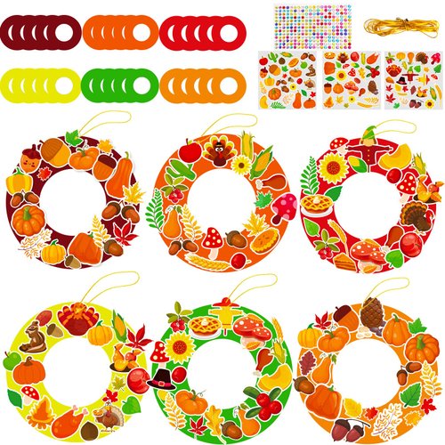 chiazllta 24 Sets Kids' Fall Craft Kit for Preschool,Thanksgiving DIY Wreath Game Autumn Paper Art Craft with Pumpkin Maple Leave Turkey Stickers Home Classroom Indoor Kids' Activities