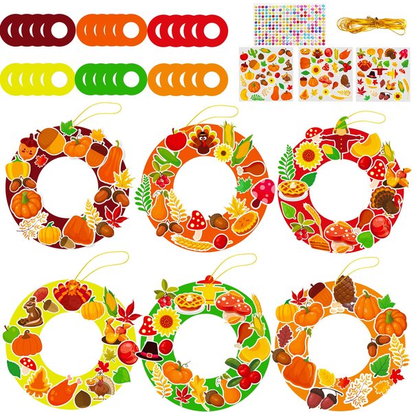 chiazllta 24 Sets Kids' Fall Craft Kit for Preschool,Thanksgiving DIY Wreath Game Autumn Paper Art Craft with Pumpkin Maple Leave Turkey Stickers Home Classroom Indoor Kids' Activities