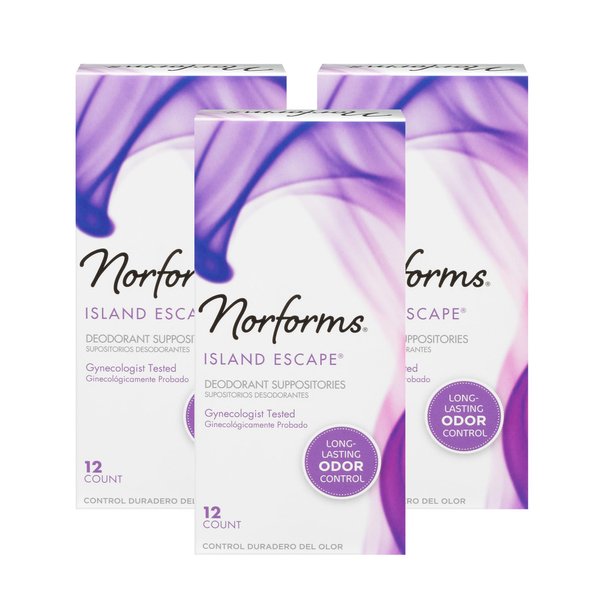 Norforms Feminine Deodorant Suppositories, Long Lasting Odor Control, Island Escape Scent, 12 Count Deodorant Suppositories in Each Box (Pack of 3)