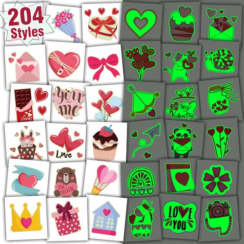 Partywind 204 Styles Glow Valentine's Day Tattoos for Kids Classroom, Individually Wrapped Sheets Valentines Temporary Tattoos for Party Supplies Favors Decorations, Heart Decor Tattoo Stickers