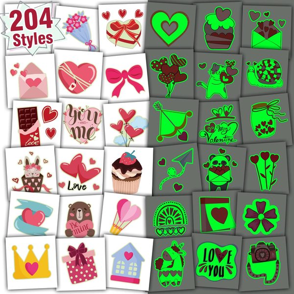 Partywind 204 Styles Glow Valentine's Day Tattoos for Kids Classroom, Individually Wrapped Sheets Valentines Temporary Tattoos for Party Supplies Favors Decorations, Heart Decor Tattoo Stickers