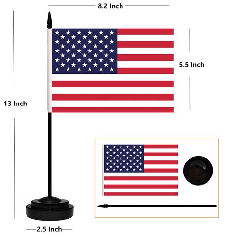 USA Desk Flag Set, 2 Pack American US Table Office Flags, Small Mini Desktop Flag With 12" Solid Black Pole, Black Base, Miniature Desktop Flag