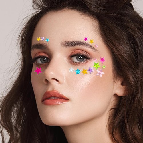 Stars Pattern Face Gems Jewels Self Adhesive Rhinestones Halloween Rave Party Rainbow Body Face Eye Hair Gems Stickers Women Festival Accessory and Crafts Nail Decorations (Colorful Stars)