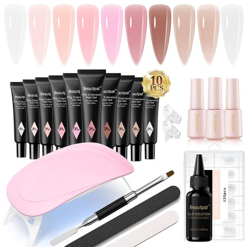 Larvall BEAUTPAL Poly Gel Nail Kit With UV Light, 10 Pcs Nude Pink Gel Extension Nail Kit for Beginners With Everything Nail Art DIY at Home.