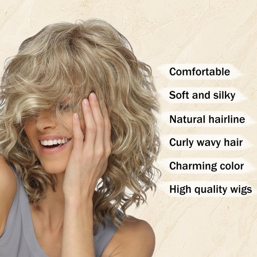 SEVENCOLORS Medium Length Blonde Wavy Wigs for White Women Short Layered Curly Bob Wigs Synthetic Hair Blond Wigs for Daily Halloween Costume