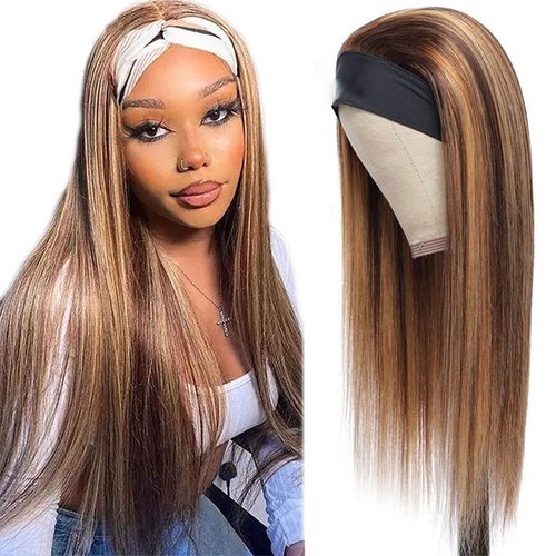 Highlight Headband Wig Brown Straight Headband Wig P4/27 Straight Wigs Brazilian Remy Hair Headband Wig Glueless None Lace Headband Wig Brown And Honey Blonde Color 20 Inch
