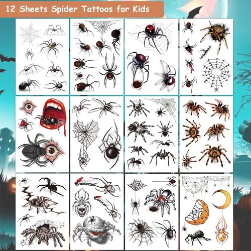 Hohamn Halloween Spider Temporary Tattoos, 12 Sheets Halloween Tattoos 3D Spider Tattoos for Kids Halloween Party Favors Festivals