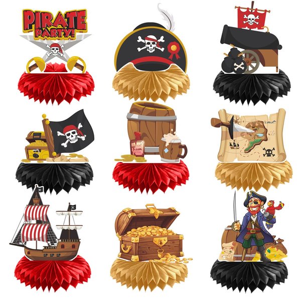 Gameza Pirate Party Decorations - 9PCS Pirate Party Honeycomb Centerpieces Table Decorations Pirate Decorations for Birthday Party Baby Shower Table Decoration Supplies Kids Boys