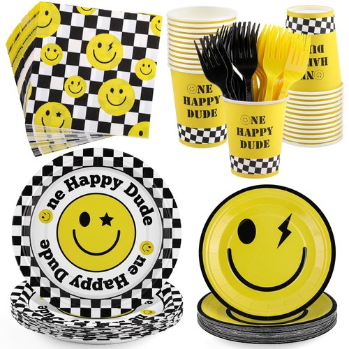 Kochorie 144 Pieces One Happy Dude Party Tableware Sets Including Disposable Plates Napkins Cups Forks Serves 24 for Smiley Party 1st Birthday Preppy Party Supplies