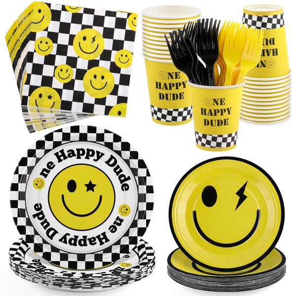 Kochorie 144 Pieces One Happy Dude Party Tableware Sets Including Disposable Plates Napkins Cups Forks Serves 24 for Smiley Party 1st Birthday Preppy Party Supplies