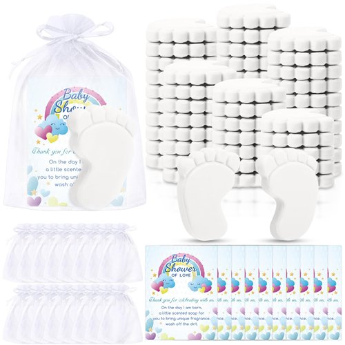 50 Sets Baby Shower Favors Refreshing Foot Soap Perfect Baby Shower Favors for Guests, Gifts, and Prizes with Organza Bags Thanks Cards (White)