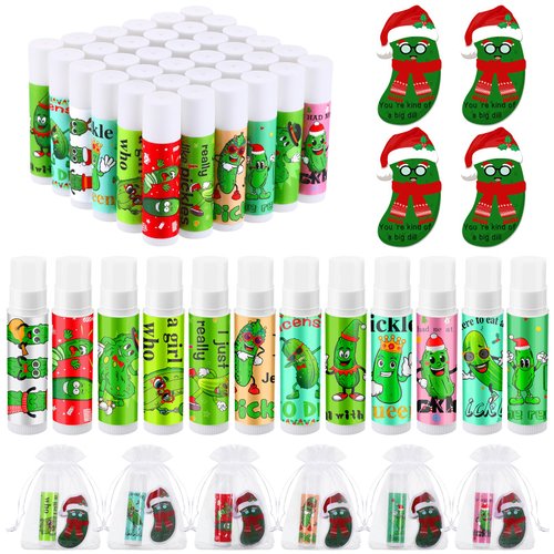 Heigble 36 Set Christmas Pickle Gift Pickle Lip Balm Funny Pickle Tag Organza Bag German Pickle Gift Dill Pickle Appreciation Gift for Pickle Lover Friend Employee Coworker Xmas Holiday Party Supplies