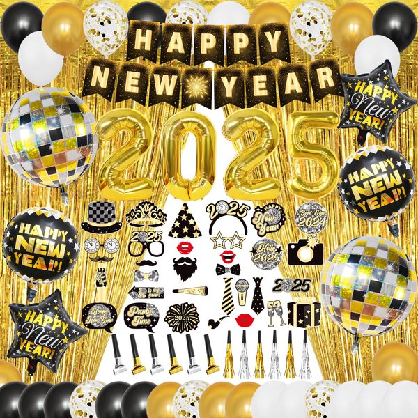 YQUQWN 84 PCS Happy New Years Party Decorations Set 2025, 4D Disco Ball New Years Eve Party Supplies, New Year Balloons, NYE Party Decorations Fringe Curtain, Happy New Year Decorations Supplies 2025