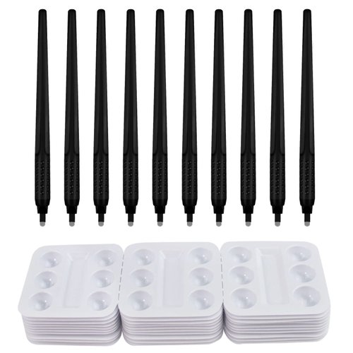 10pcs Black Disposable Microblading Pen Tool with 18U Blades 0.18mm and 30pcs Disposable Tattoo Pigment Tray Microblading Kit (Set 2)
