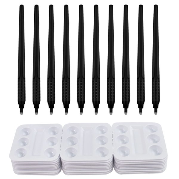 10pcs Black Disposable Microblading Pen Tool with 18U Blades 0.18mm and 30pcs Disposable Tattoo Pigment Tray Microblading Kit (Set 2)
