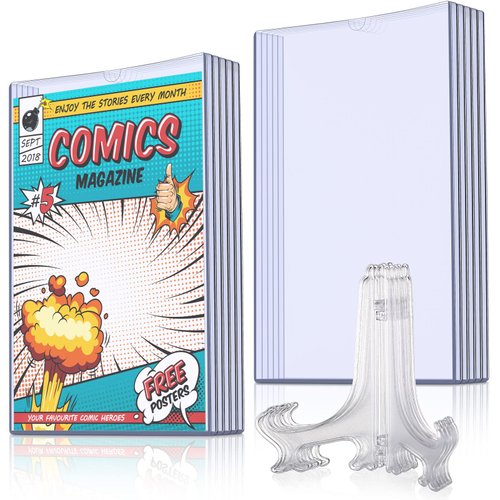 Comic Book Display Case Set, Include Comic Book Sleeves and Clear Plastic Easels, 7.6 x 10.7 Inch Magazine Protectors for Collectors Plate Holder Display Stand Picture Stand for Decor(10 Pieces)