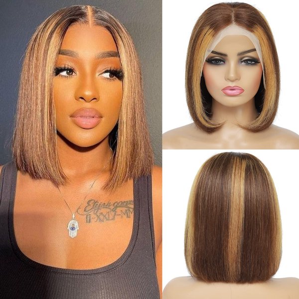 warbler Highlight Bob Wig Human Hair 13x4 Ombre Lace Front Wigs P4/27 Glueless Wigs Human Hair Pre Plucked with Baby Hair 10 inch Straight HD Lace Front Short Bob Wigs for Black Women 150% Density