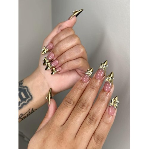 30Pcs Gold Bow Nail Charms Cute 3D Bow Alloy Nail Art Charms Kawaii Long Ribbon Bowknot Nail Designs Accessories Y2K Gold Big Bow Nail Decoration Supplies for Women Girls Nail Art