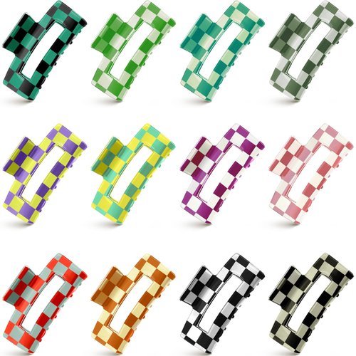 Taiyin 12 Pieces Hair Claw Clip 3.2 Inch Multicolored Checkered Hair Clips Nonslip Plaid Rectangle Claw Clip Strong Hold Y2k Hair Accessories Styling Claw Clamps for Women Thick Thin Hair, 12 Styles
