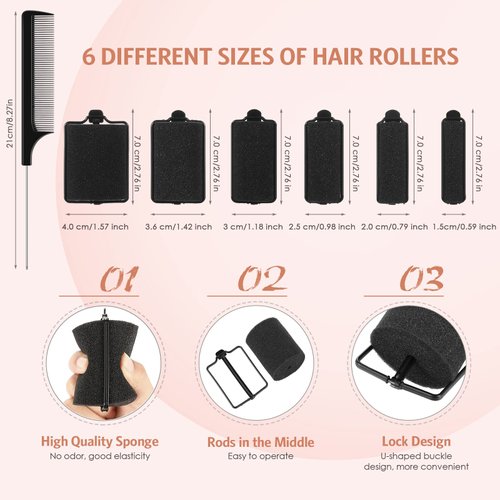 56 Pieces Foam Sponge Hair Rollers Soft Sleeping Hair Curler Assorted Sizes Flexible Hair Styling Sponge Curler with Stainless Steel Rat Tail Comb Pintail Comb for Hairdressing Styling (Black)