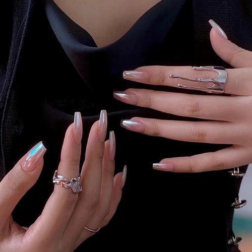 BABALAL Coffin Press on Nails Medium Fake Nails White Chrome Aurora Glue on Nails Ballerina Gloss...