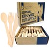 300 PCs Compostable Cutlery Set | Wooden Compostable Utensils Set 120 Forks 90 Knives 90 Spoons | Disposable Wooden Cutlery with Plastic Free Packaging | Eco Friendly Disposable Cutlery set for Party
