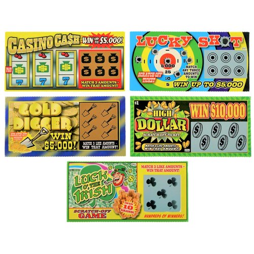 JA-RU Fake Lottery Tickets Pranks for Kids and Adults (1 Pack, 5 Tickets) Realistic Scratch Off Cards. Office Pranks & Gag Gift Box. Casino Theme Party Decorations. 1381-1A