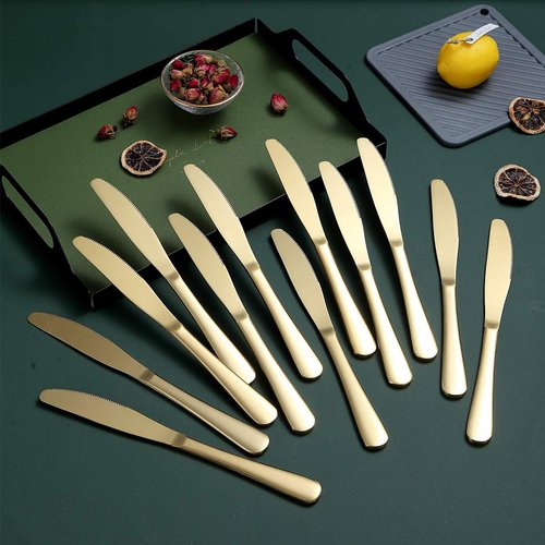 Gold Dinner Knives Set Of 12, Berglander Stainless Steel Titanium Plating Shiny Gold Dinner Knife, Butter Knife Spreader Table Knives Sturdy And Dishwasher Safe