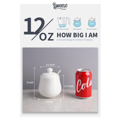 Sweese 12 Ounce Porcelain Sugar and Creamer Set, Coffee Serving Set, 3 Piece with Cream Pitcher, Sugar Bowl with Lid and Spoon, White - 480.101