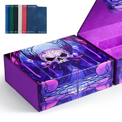 UAONO Card Storage Box for MTG, Trading Card Deck Box Holds 1800+ with 6 Dividers, Leather Printing Magnetic Closure Card Storage Case Fits TCG CCG Sports Cards (Purple,Skull)