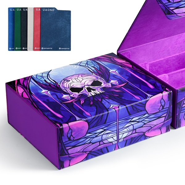 UAONO Card Storage Box for MTG, Trading Card Deck Box Holds 1800+ with 6 Dividers, Leather Printing Magnetic Closure Card Storage Case Fits TCG CCG Sports Cards (Purple,Skull)
