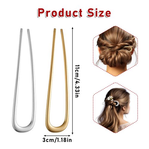 2pcs French Hair Pin, U Shaped Hair Twist Pins for Thick Hair, French Hair Sticks Fork for Women, Bun Pins for Hair, Chignon Hair Pin Tool for Girls Hair Types Styling Accessories (1 Gold & 1 Silver)