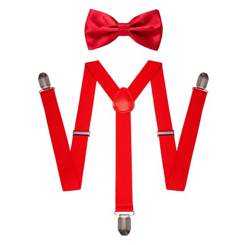 JEMYGINS Red Suspender and Bow Tie Set for Men and Boy with 3 Strong Clips Adjustable(1) Braces(1)
