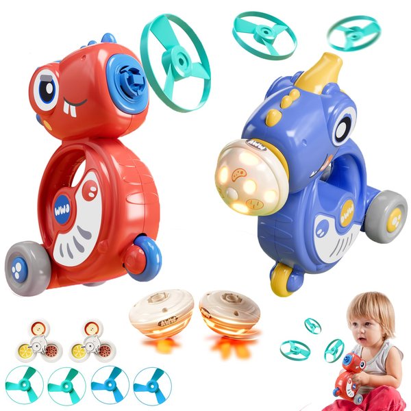 SENLYLOGY 5-in-1 Multifunctional Dinosaur Whistle Inertial Vehicle,Flying Disc Launcher Toy,Light Up Spinning Tops & Gyroscope,for Girls&Boys Age 3-12,2-Pack(Blue+RED)