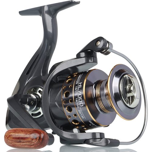 HPLIFE Spinning Reel, Saltwater Fishing Reels with Wooden Handle 13 BB Light Weight 43LB Max Drag, 4.7:1/5.2:1 Gear Ratio Summer/ICE Fishing Beginners Kids Friendly