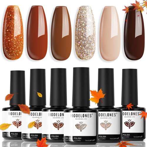 modelones Gel Nail Polish Set, 6 PCS Neutral Nude Brown Gel Polish Fall Colors 2024 Gold Glitter ...