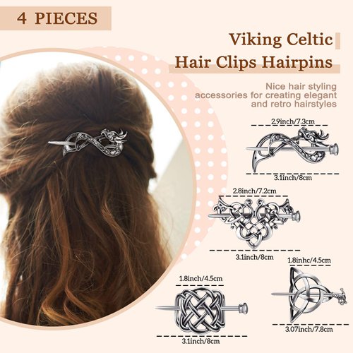 WILLBOND 4 Pieces Retro Silver Celtic Hair Slide Hairpins and 11 Pieces Vintage Bronze Viking Hair Sticks Hair Accessories for Women Girls