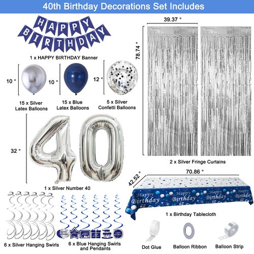 40th Birthday Decorations for Men, Blue and Silver 40th Birthday Party Decorations for Him, Happy Birthday Banner 40th Birthday Balloons Tablecloth Fringe Curtains Hanging Swirls Bday Party Supplies