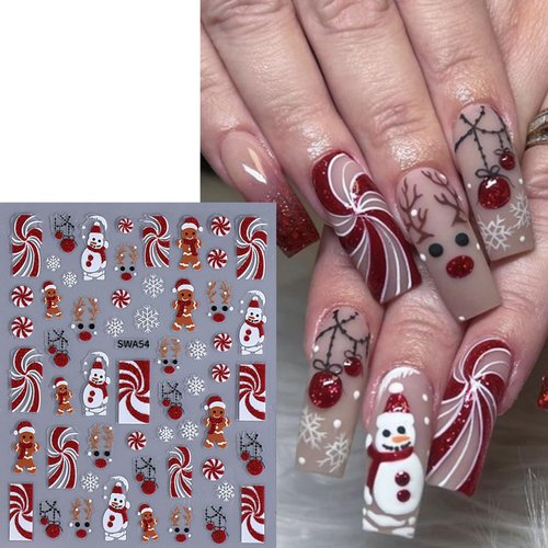 Christmas Nail Art Stickers 5D Embossed Self-Adhesive Glitter Christmas Snowman Gingerbread Man Snowflake Gnome Reindeer Nail Design Xmas Tree Bell Nail Decals New Year Holiday Manicure Decor 4Sheets