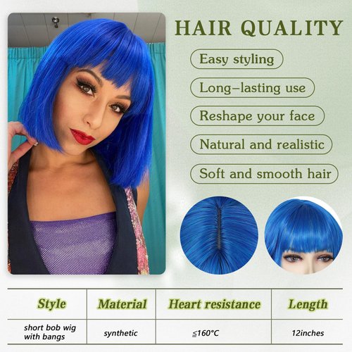 Angzon Blue Bob Wigs with Bangs Short Straight Bob Wigs For Women Shoulder Length Synthetic Bob Wigs For Halloween Daily Party Cosplay