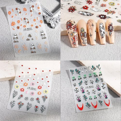 5 Sheets Halloween Nail Stickers 5D self Adhesive Cute Ghost Flower Nail Decals Skull Spider Nail Stickers for Nail Art Halloween Embossed Nail Art Design Halloween Stickers DIY Manicure for Women