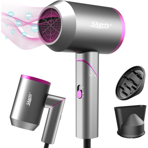 D090 Foldable Hair Blow Dryer with Diffuser Concentrator, 1875W Professional Portable Ionic Hair ...