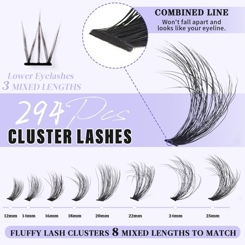 Fluffy Lash Clusters with Bottom Lashes 12-25mm Thick Cluster Eyelash Extensions 294Pcs Wispy Individual Lashes with Lower Eyelash Clusters 100D Plant Fibers Lashes Clusters DIY at Home, by Yaiseiko
