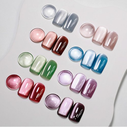 MIZHSE Cat Eye Gel Nail Polish, 8 Colors Ceramic Magnetic Gel Polish Set with Magnet Stick, Cryst...
