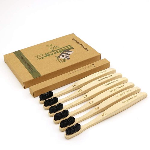 Virgin Forest Bamboo Toothbrush, Natural Eco Friendly Biodegradable Charcoal Tooth Brushes, Pack of 6